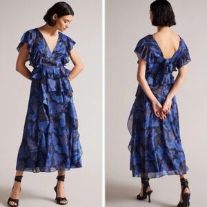 NWT Ted Baker Vertey Pinafore Ruffle Dress - Dark Navy Size 5 Metallic Maxi Gown